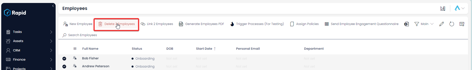 A screenshot that depicts how to delete selected employees. The check buttons on the left-hand side of each item can be pressed, and this will select an item. The screenshot is annotated with a red box, which reveals where these check buttons are.